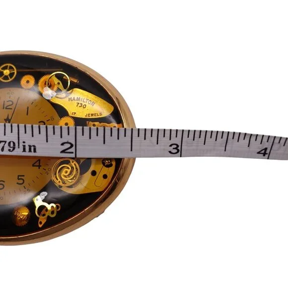 Vintage Von West USA Clock Belt Buckle Goldtone Analog Clock Art Steampunk